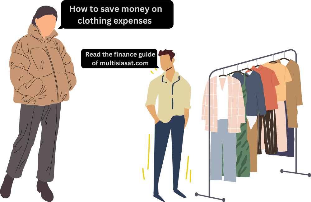 an illustration of a two persons talking about How to save money on clothing expenses.