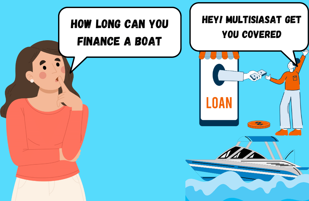 an illustration of a girl thinking how long can you finance a boat. 