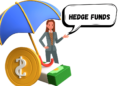 3D illustration of a hedge fund concept with a businesswoman, cash stack, umbrella, and a speech bubble.