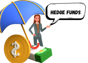 3D illustration of a hedge fund concept with a businesswoman, cash stack, umbrella, and a speech bubble.