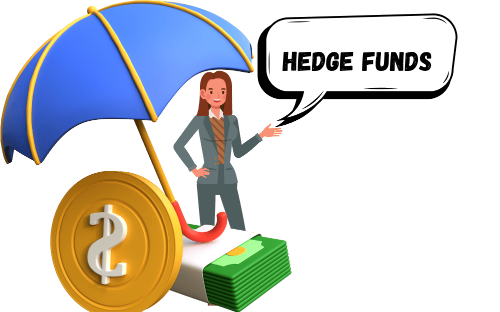 3D illustration of a hedge fund concept with a businesswoman, cash stack, umbrella, and a speech bubble.